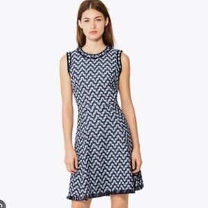 Tory Burch Sleeveless Tweed Fit & Flare Sleeveless Dress Fringe Accent | Size 0